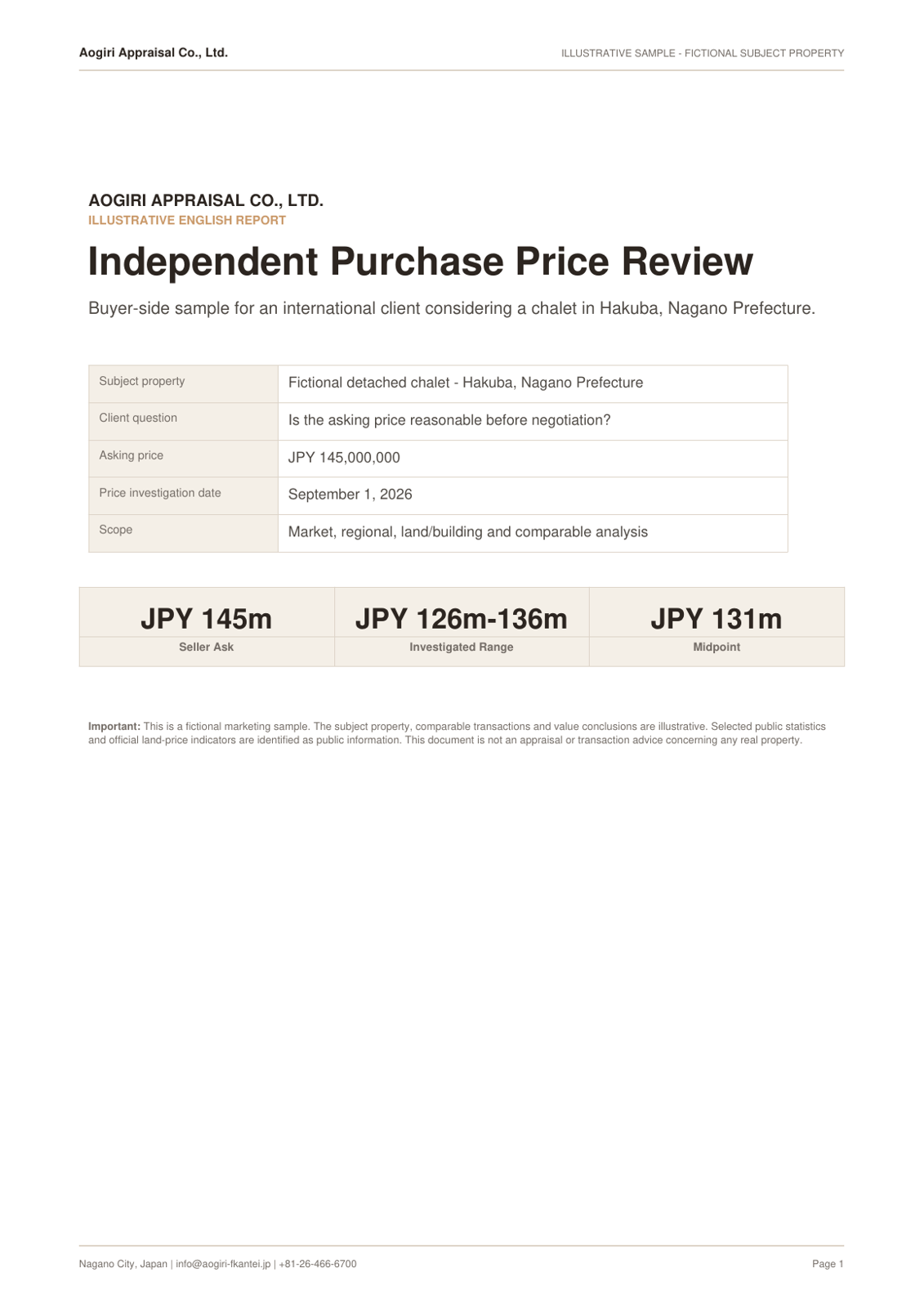 Hakuba purchase price investigation sample preview